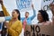 Protest, global warming and megaphone with black woman at the beach for environment, earth day and sign. Climate change