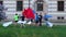 Protest, group of men with flags walking in circle near city administration