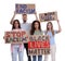 Protesters demonstrating different anti racism slogans on white background. People holding signs with phrases