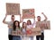 Protesters demonstrating different anti racism slogans on white background. People holding signs with phrases