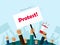 Protesters people crowd holding revolution or political placards with protest text vector illustration, flat cartoon