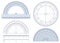 Protractor. Angles measuring tool, round 360 protractors scale and 180 degrees measure vector illustration set