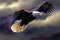 Proud American Eagle in flight against a stormy sky. AI generated