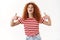 Proud boastful good-looking assertive young redhead curly woman confident smiling pointing herself cool bragging own