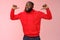Proud confident arrogant good-looking african american bearded male coworker in red hoodie raise thumbs pointing himself