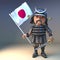 Proud Japanese samurai warrior with katana waves the Japanese flag, 3d illustration