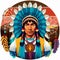 Proud Native American Chief Powerful Portrait with Dream Catchers and Mountains on Background Vector Logo Illustration