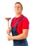 Proud plumber with a rubber plunger