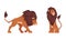 Proud Powerful Lion Mammal with Prominent Mane and Hairy Tuft on Its Tail Vector Set