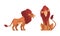 Proud Powerful Lion Mammal with Prominent Mane and Hairy Tuft on Its Tail Vector Set