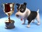 Proud puppy dog looks at his gold cup trophy award, 3d illustration