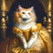 A proud and regal anthropomorphic Persian cat in a luxurious dress