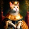 A proud and regal ginger anthropomorphic cat in a royal crown and mantle