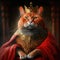 A proud and regal ginger anthropomorphic cat in a royal crown and mantle