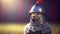 The Proud Rooster in his Knight\\\'s Helmet: A Regal Portrait