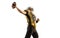 Proud sportsman. Winner. Man, american football player in motion, training over white studio background. Concept of