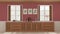 Provencal kitchen background with wooden and rattan cabinets in white and red tones. Sink, and gas hob. Windows with shutters and