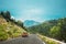 Provence-Alpes-Cote D`Azur, France. Red Car on mountains road. French mountain nature landscape the Gorges Du Verdon in