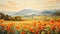 Provence Morning: A Captivating Illustration Of An Orange Poppy Field With Mountains