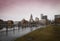 Providence Cityscape and Skyline over the Pedestrian Park Boardwalk at Rainy Dusk