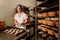 Proving dough of bran in basket. Private Bakery. Production bread.