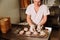 Proving dough of bran in basket. Private Bakery. Production bread.