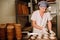 Proving dough of bran in basket. Private Bakery. Production bread.