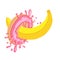 Provocative vector illustration with sweet donut and banana. Sweet strawberry pink donut with splashes, and tasty