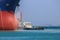 Prow front nose of anchored ship, Close up cargo ship moored at sea