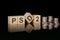 PSD2 - text on wooden cubes on dark backround with coins. business concept