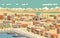 Pseudo isometric 3D panorama of the beautiful seaside panorama of Middle East town in summer.