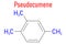 Pseudocumene or 1,2,4-trimethylbenzene, aromatic hydrocarbon molecule. Skeletal formula.