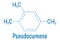 Pseudocumene or 1,2,4-trimethylbenzene, aromatic hydrocarbon molecule. Skeletal formula.