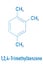 Pseudocumene aromatic hydrocarbon molecule. Occurs in naturally in coal tar and petroleum. Skeletal formula.