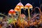 Psilocybe semilanceata growing on moss in forest under rain. Mushrooms for treatment. AI generated