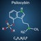 Psilocybin alkaloid molecule. It is naturally psychedelic prodrug. Structural chemical formula on the dark blue background