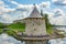 Pskov, Flat tower of the Kremlin at the confluence of the Pskov river with the Velikaya river