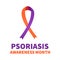 Psoriasis Awareness Month typography poster with lettering and Orange and Lavender ribbon. Medical banner informing about skin