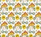 Psychedelic 70s seamless pattern with mushrooms and melting cartoon faces. Vector illustration