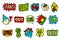 Psychedelic cartoon stickers. Abstract retro collage of funny pop art badges with smiley faces. Vector modern sticker