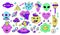 Psychedelic characters set. Skull and alien emoji sticker, crazy doodle smiling creatures. Retro surreal trippy hippie