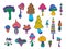 Psychedelic colored mushrooms. Doodle toadstool amanita chanterelle fantasy hallucinogenic clip art, fairy hippie forest