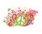 Psychedelic colorful print with hippie peace symbol, flower-power, love, peace and joy word, butterfly and paisley