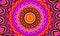 Psychedelic Coral and purple kaleidoscope with yellow spirals. Optical expansion illusion