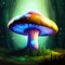 Psychedelic Decorative mushroom in dark forest at night glows with neon light