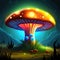Psychedelic Decorative mushroom in dark forest at night glows with neon light