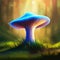 Psychedelic Decorative mushroom in dark forest at night glows with neon light