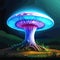 Psychedelic Decorative mushroom in dark forest at night glows with neon light