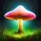 Psychedelic Decorative mushroom in dark forest at night glows with neon light