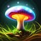 Psychedelic Decorative mushroom in dark forest at night glows with neon light